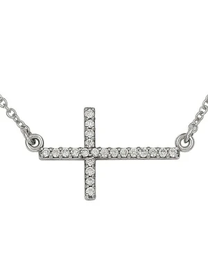 White Gold Sideways Cross Necklace With Solid 18" Cable Chain 14KT