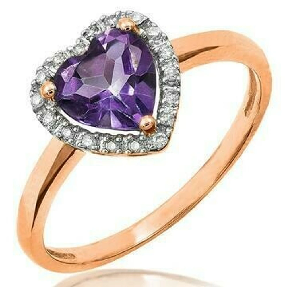 Heart Amethyst Ring with Diamond Halo 14KT Gold