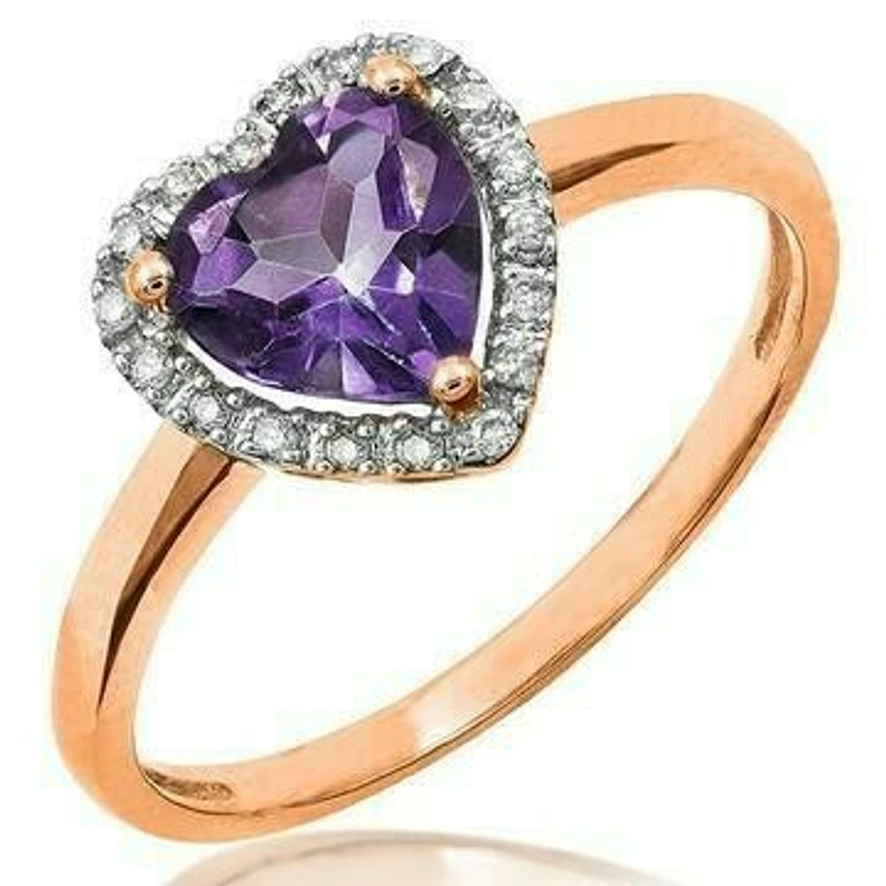 Heart Amethyst Ring with Diamond Halo 14KT Gold