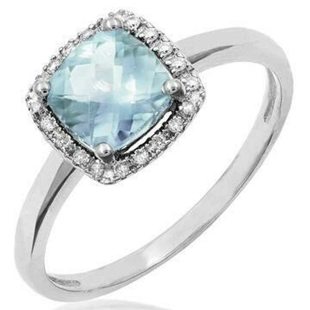 Cushion Aquamarine Ring with Diamond Halo 14KT Gold