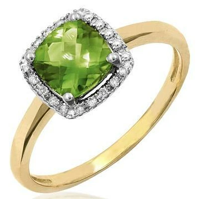 Cushion Peridot Ring with Diamond Halo 14KT Gold