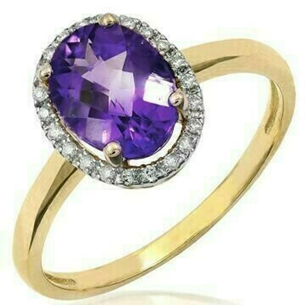 Oval 1.21 CT Amethyst Ring with Diamond Halo 14KT Gold 0.07CTDI