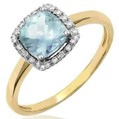 Cushion Aquamarine Ring with Diamond Halo 14KT Gold