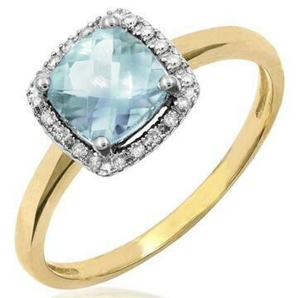 Cushion Aquamarine Ring with Diamond Halo 14KT Gold