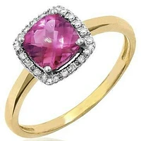 Cushion Pink Topaz Ring with Diamond Halo 14KT Gold