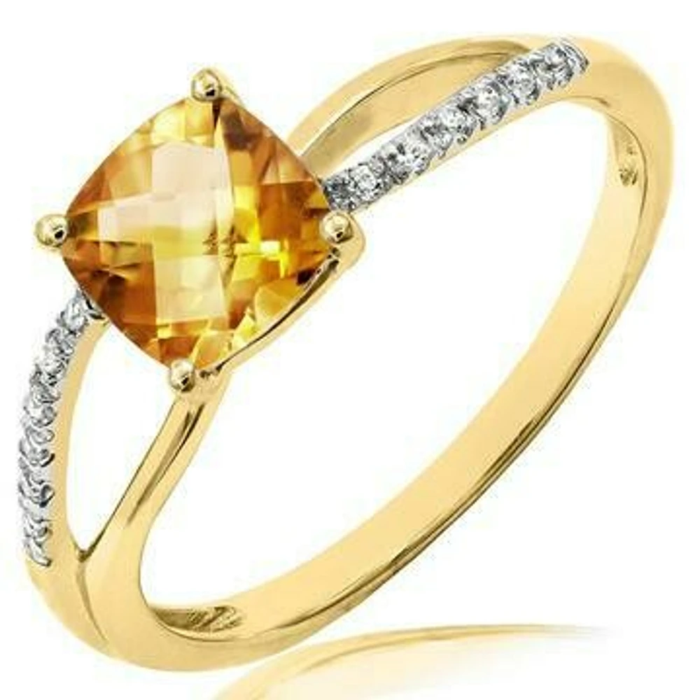 Cushion Citrine Ring with Diamond Accent and Split Shoulders 14KT Gold