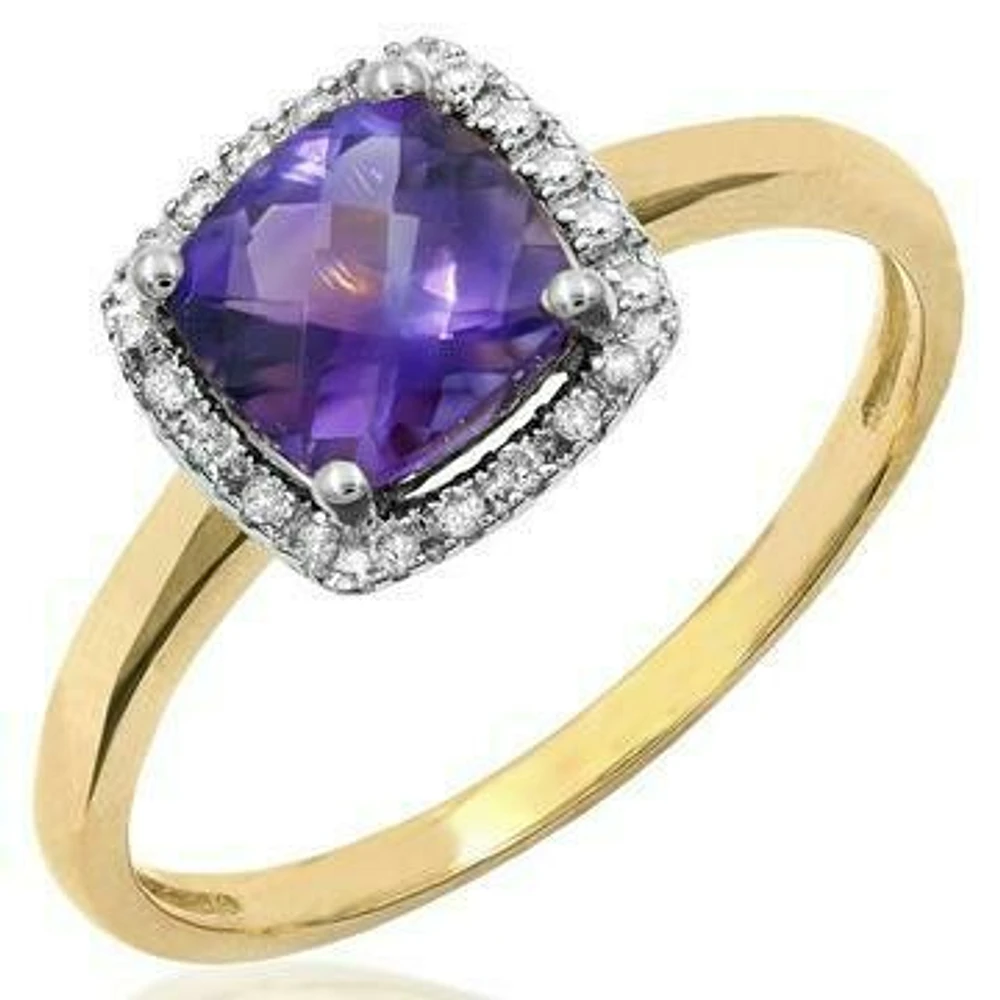 Cushion Amethyst Ring with Diamond Halo 14KT Gold