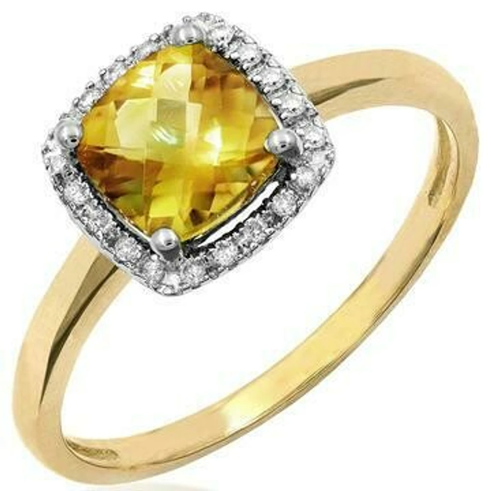 Cushion Citrine Ring with Diamond Halo 14KT Gold