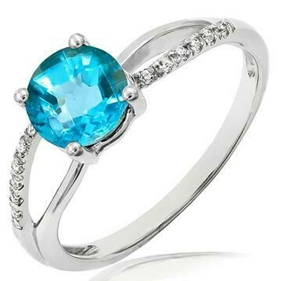 Blue Topaz Ring with Diamond Accent and Split Shoulders Gold