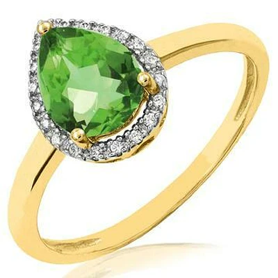 Peridot Teardrop Ring with Diamond Halo 14KT Gold