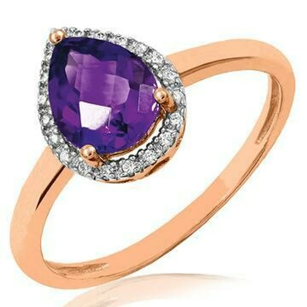 Amethyst Teardrop Ring with Diamond Halo 14KT Gold