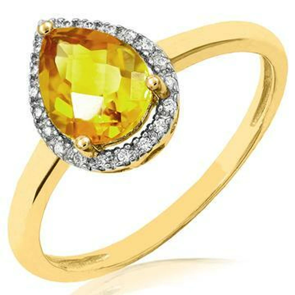 Citrine Teardrop Ring with Diamond Halo 14KT Gold