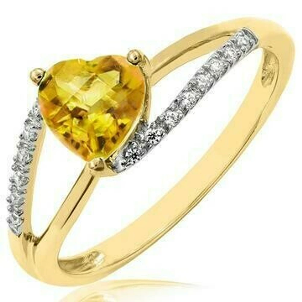 Heart Citrine Ring with Diamond Accent and Split Shoulders 14KT Gold