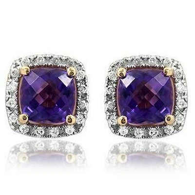 Cushion Amethyst Stud Earrings with Diamond Halo 14KT Gold