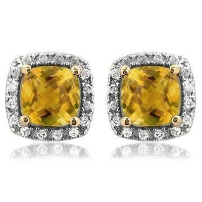 Cushion Citrine Stud Earrings with Diamond Halo 14KT Gold