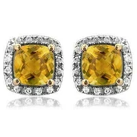 Cushion Citrine Stud Earrings with Diamond Halo 14KT Gold