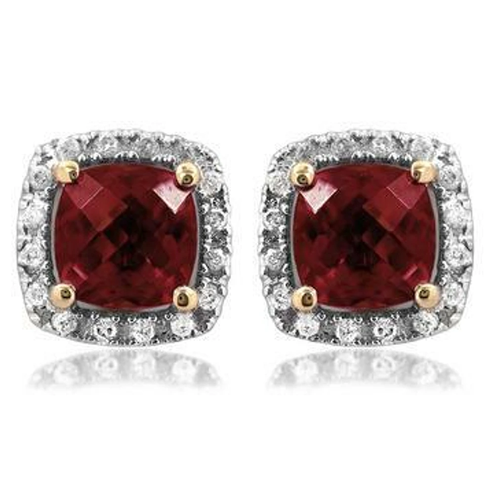 Cushion Garnet Stud Earrings with Diamond Halo 14KT Gold