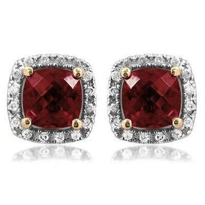 Cushion Garnet Stud Earrings with Diamond Halo 14KT Gold