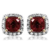 Cushion Garnet Stud Earrings with Diamond Halo 14KT Gold