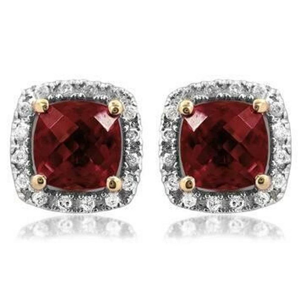 Cushion Garnet Stud Earrings with Diamond Halo 14KT Gold