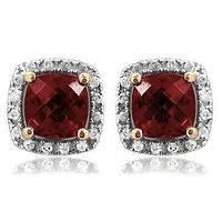 Cushion Garnet Stud Earrings with Diamond Halo 14KT Gold