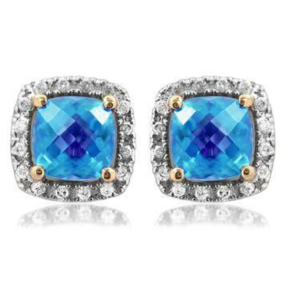 Cushion Topaz Stud Earrings with Diamond Halo 14KT Gold