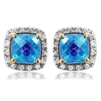 Cushion Topaz Stud Earrings with Diamond Halo 14KT Gold