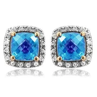 Cushion Topaz Stud Earrings with Diamond Halo 14KT Gold