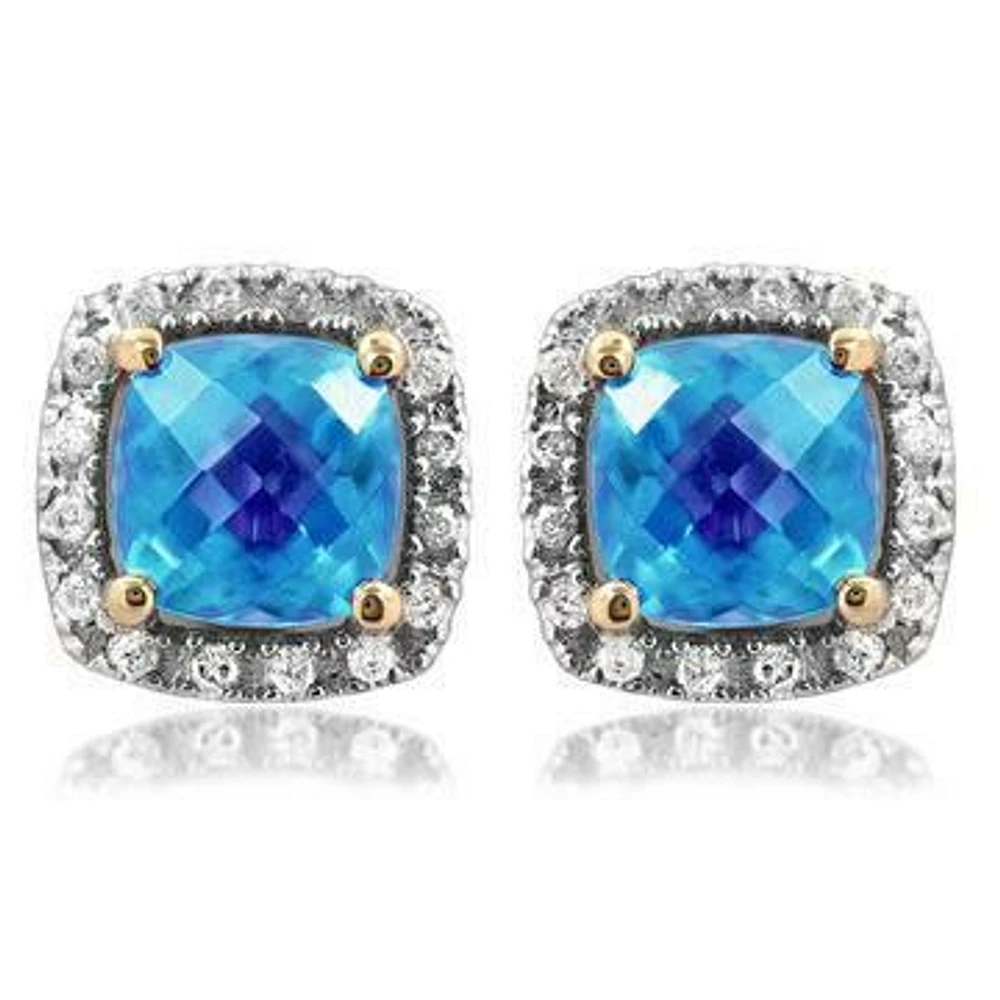 Cushion Topaz Stud Earrings with Diamond Halo 14KT Gold