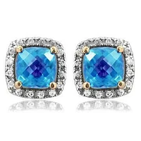 Cushion Topaz Stud Earrings with Diamond Halo 14KT Gold