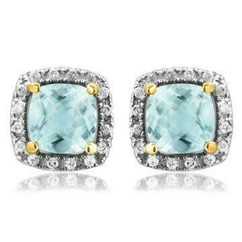 Cushion Aquamarine Stud Earrings with Diamond Halo 14KT Gold