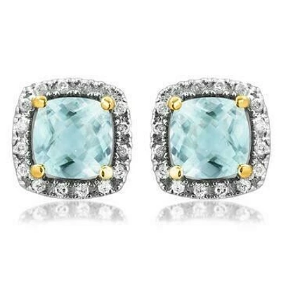 Cushion Aquamarine Stud Earrings with Diamond Halo 14KT Gold