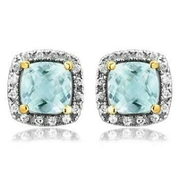 Cushion Aquamarine Stud Earrings with Diamond Halo 14KT Gold