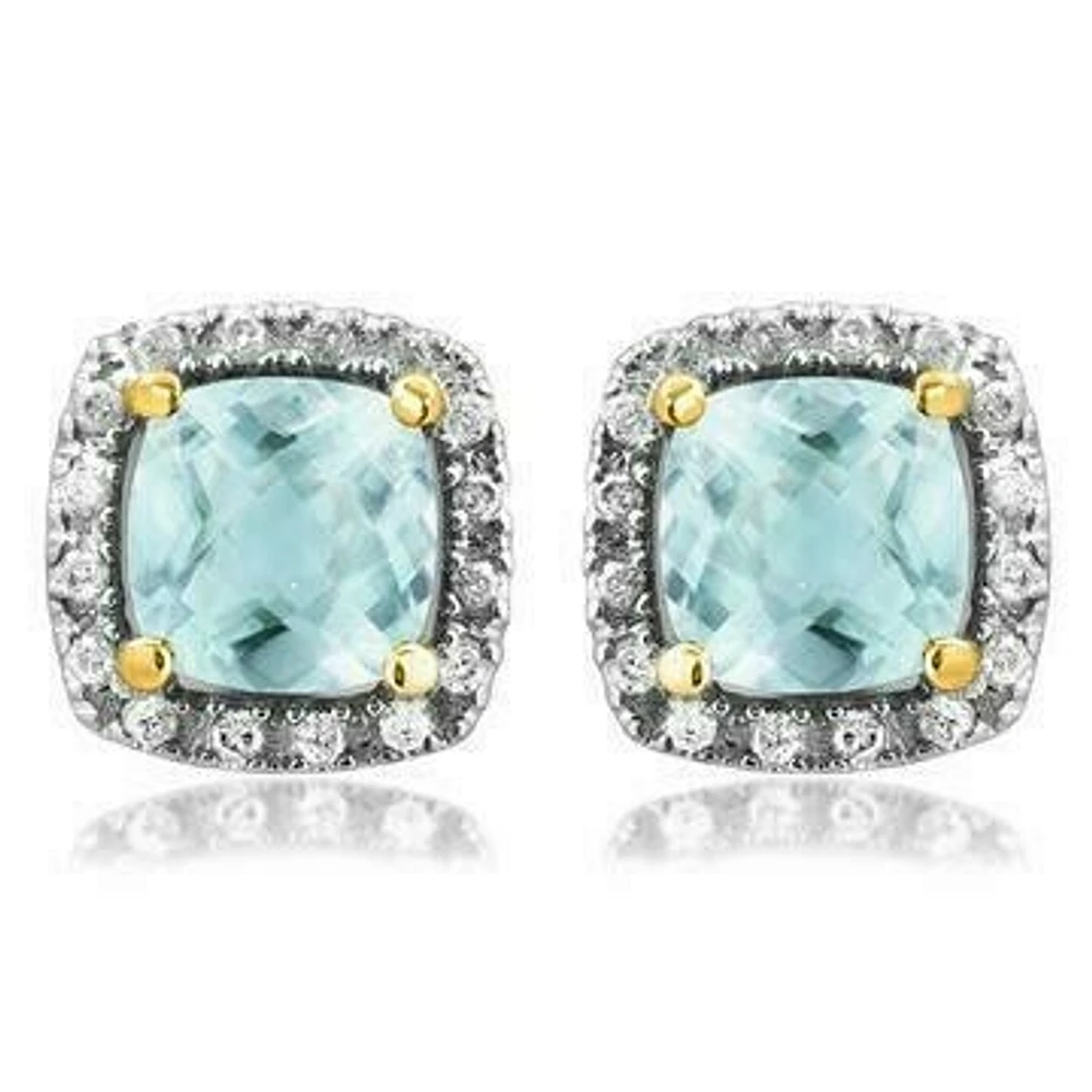 Cushion Aquamarine Stud Earrings with Diamond Halo 14KT Gold