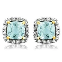 Cushion Aquamarine Stud Earrings with Diamond Halo 14KT Gold