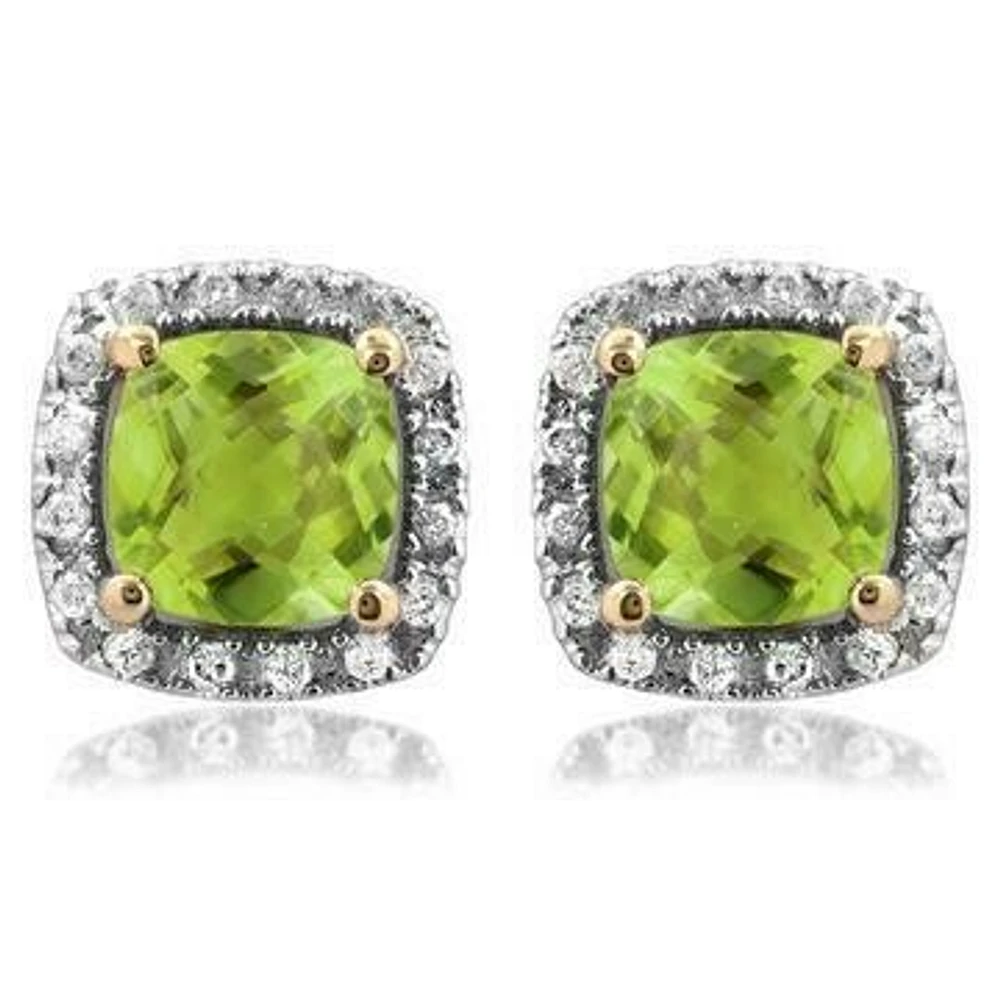 Cushion Peridot Stud Earrings with Diamond Halo 14KT Gold