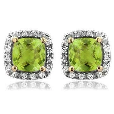 Cushion Peridot Stud Earrings with Diamond Halo 14KT Gold