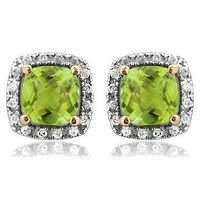 Cushion Peridot Stud Earrings with Diamond Halo 14KT Gold