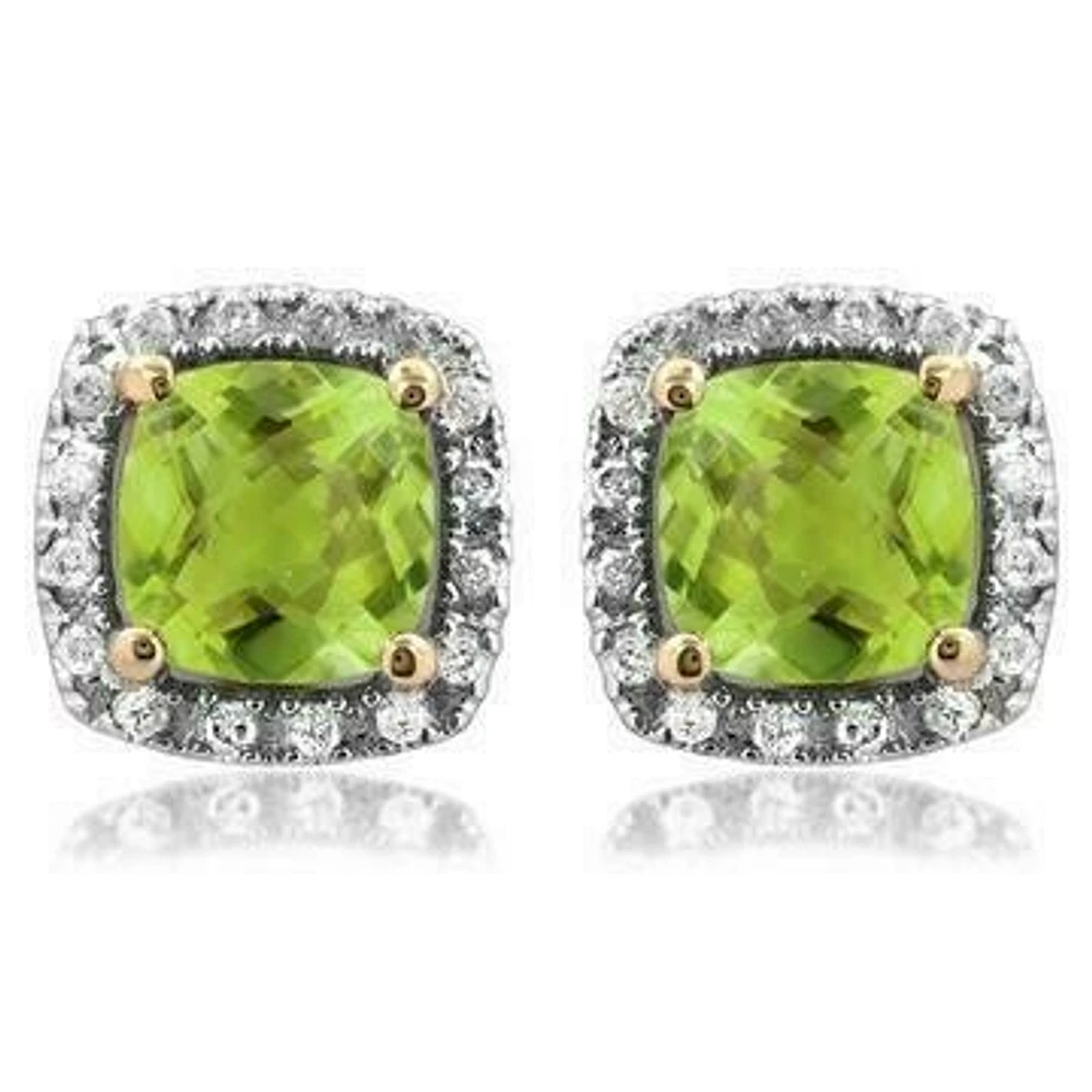 Cushion Peridot Stud Earrings with Diamond Halo 14KT Gold