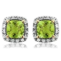 Cushion Peridot Stud Earrings with Diamond Halo 14KT Gold