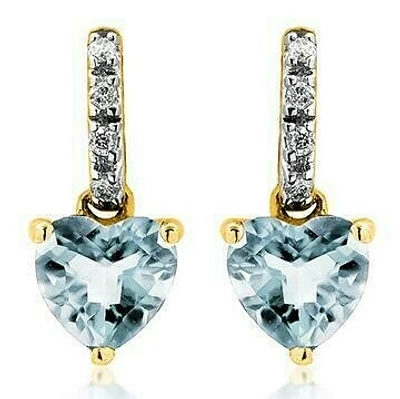 Heart Aquamarine Earrings with Diamond Accent 14KT Gold