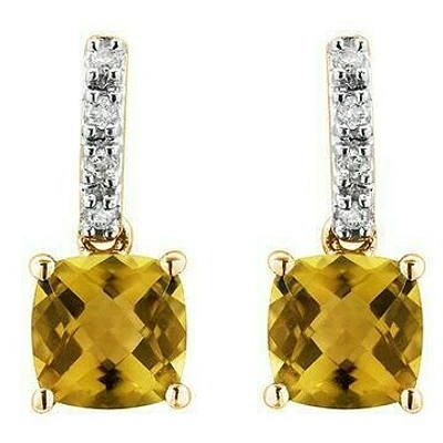 Cushion Citrine Earrings with Diamond Accent 14KT Gold