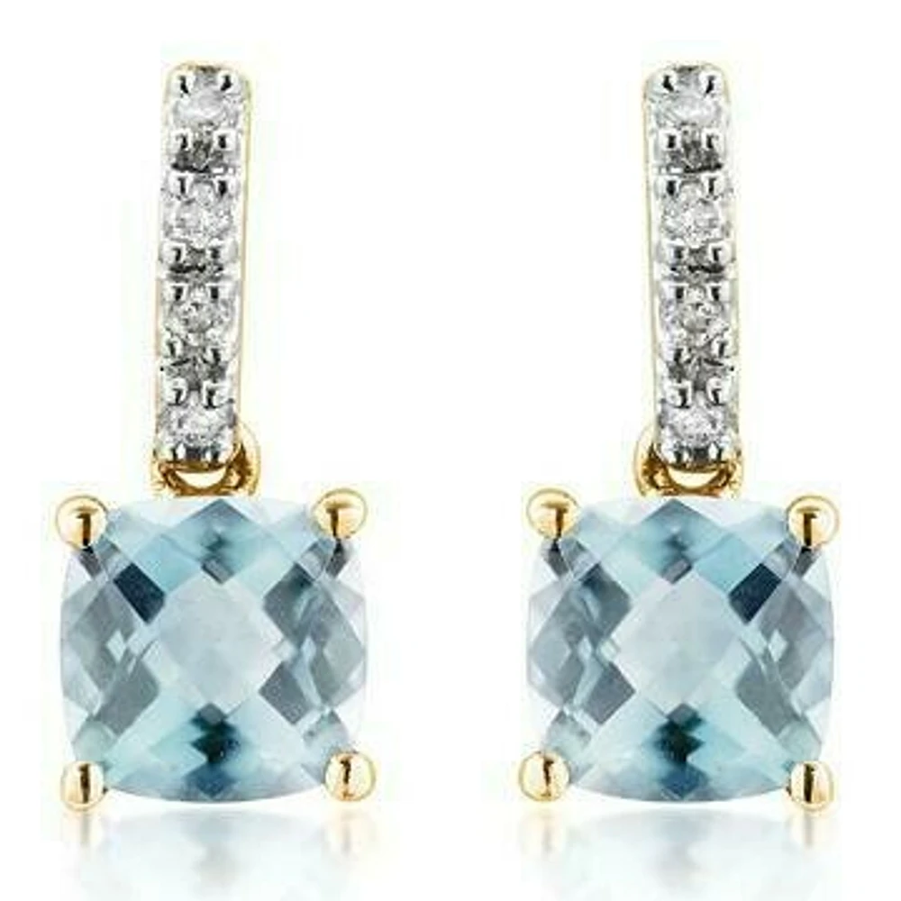 Cushion Aquamarine Earrings with Diamond Accent 14KT Gold