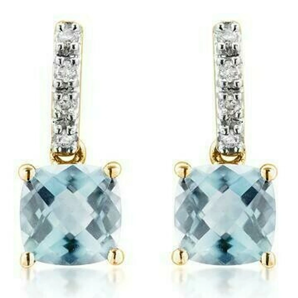 Cushion Aquamarine Earrings with Diamond Accent 14KT Gold