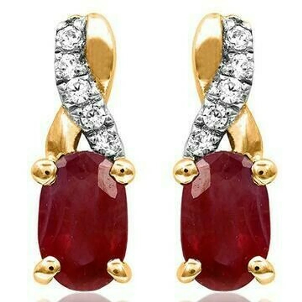 Oval Ruby Infinity Stud Earrings with Diamond Accent 14KT Gold