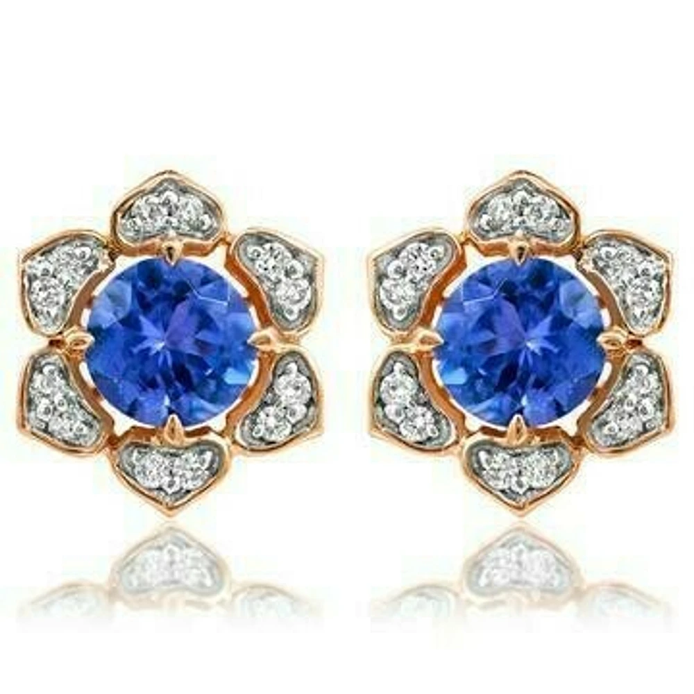 Floral Tanzanite Stud Earrings with Diamond Frame 14KT Gold