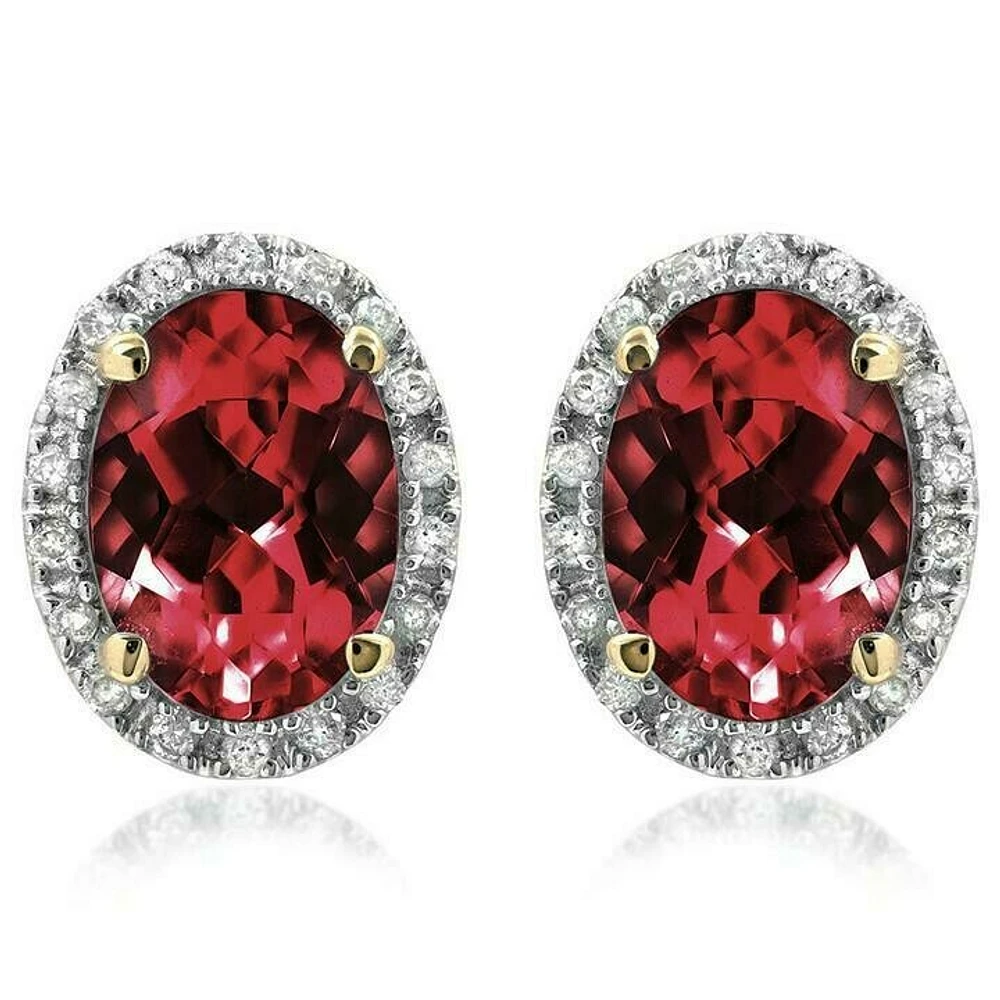 Oval Garnet Stud Earrings with Diamond Frame 14KT Gold