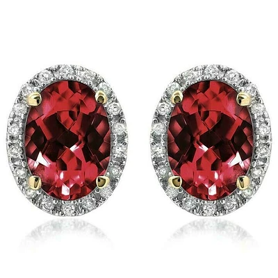 Oval Garnet Stud Earrings with Diamond Frame 14KT Gold