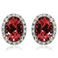 Oval Garnet Stud Earrings with Diamond Frame 14KT Gold