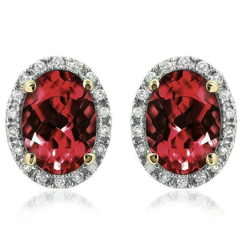 Oval Garnet Stud Earrings with Diamond Frame 14KT Gold